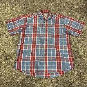 Wrangler Rugged Wear Short Sleeve Button Up Shirt Men's Size Medium M Plaid Blue